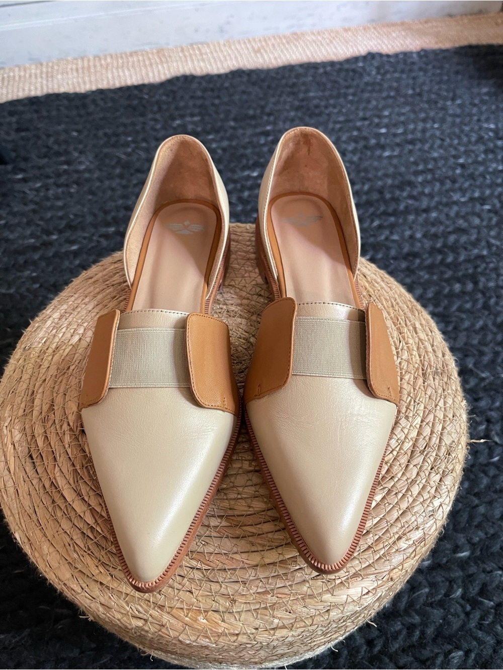 Fortress Shoes: Pointed Two-Tone Slip-On Flats in Cream and Tan